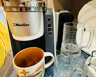 Mueller Single Serve Coffee Maker (U-700) Shown with a Set of 4 Vintage Beer Steins and Starbucks Coffee Mug.