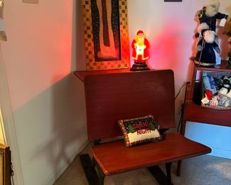 Vintage Sears Roebuck & Co Antique School Desk with Cast Iron Base, 21"W x 29"D x 28"H Shown with a Old World Hand Painted Merck Santa Light on Wooden Base.