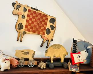 Great Vintage Americana Farmland Wall Hanging Checkerboard Shown with Signed T.P. Hand Painted Wooden Pig Pull Toys & Charming Decor.
