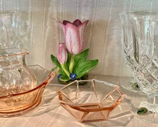 Waterford "Araglin" Iced Tea Crystal Glasses, Brand New, Shown with Lovely Pink Depression Glass and a Gorgeous Mottahedeh 5" Tulip Vase.