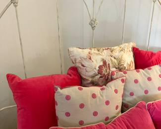 Fabulous Detail of the Vintage 58"H x 59"W Wrought Iron Bed Frame Headboard in Antiqued White and Fun Assortment of Velvet Throw Pillows Available!