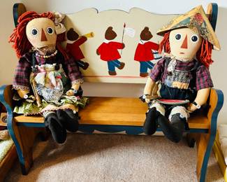 Another View of the Detailed Raggety Ann and Andy Vintage Dolls by Fairfield Shown on a Custom Bench.