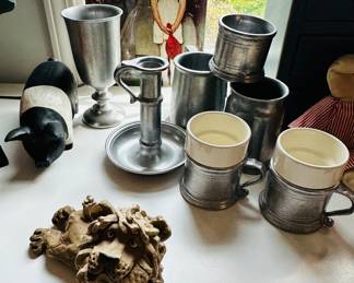 Vintage Dave Grossman Designs "Silly Lazy Lion" Signed Figurine, Country Ware Pewter, A Pair of Wilton Armetal RWP Columbia Pa Coffee Mugs, and Vintage Norman Rockwell Book, "The Saturday Evening Post".