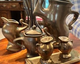 Signed Michael Lambert (B. CA) Modernist Ceramic Pottery, "Dancing" or "Java Jig" Series Pottery Collection in Bronze Colored Glaze, 8-Piece Set- RARE Full Set!