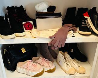 Steve Madden Size Sip Suede Boots (8.5), Coolway Suede Platform Boots (41), Victoria Beckham Clutch Purse, Sorel Leather Pull on Shoe in Black (8.5), Aldo Leather Pull on Boot (8.5), Ugg Pink Suede Slip Ons (8)NIB) and GOLA Lace Up Sneaker (8).