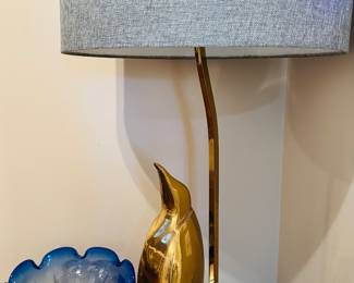 Vintage 1970's Brass Penguin Lamp, 31"H x 6.5"D x 7" shown with a Gorgeous Shannon Crystal (Poland) Blue and Clear Scalloped Edge Decorative Bowl.