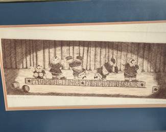 Framed Print Titled, "Tumbling Teddy Bears" Pencil Signed by Artist Donna Clark 1984.