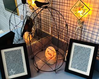 Sweet Bird Cage Style Greeting Card Display Shown With a IW Rice Porcelain Song Birds Night Light and a Pair of Framed Textile Pattern Prints.