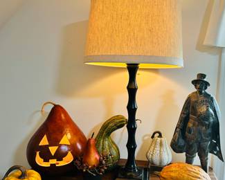 Fabulous Large Lighted Traditional Jack Gourd, Shown with a Collection of Ceramic Squash, a Vintage Style Free Standing Pilgrim Figurine and a 22" Black Matte Table Lamp.