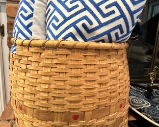 Wonderful 14" Handmade Basket with Handles and Hant Painted Apple Motif and Show with just a Few of the Many Throw Pillows Available.