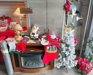 electric fireplace, flocked Christmas tree, Christmas decor