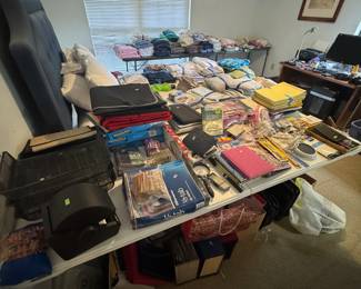 Linens, office items, bedroom furniture, adjustable electric bed. 