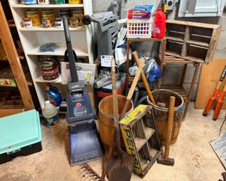 paint, stains, shampooer, crates, barrels, tools
