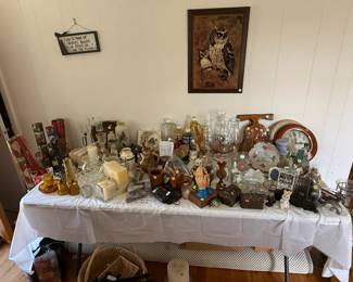 Vintage oil lamps, clocks, vases, votive holders, monkey wood, amber glass