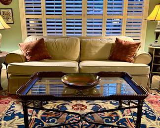  Sofa comfy/good shape
Lg Room Size Carpet
Wood/Iron Coffee Table