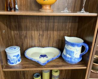 Ceramic Blue & White Candle Holder w/Lid - Blue Spongeware Heart Shaped Pie Dish - Clinchfield Artware Pottery Pitcher