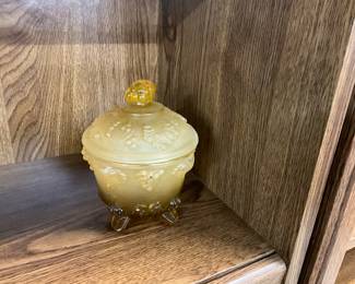 Jeanette Frosted Amber Glass Covered Candy Dish