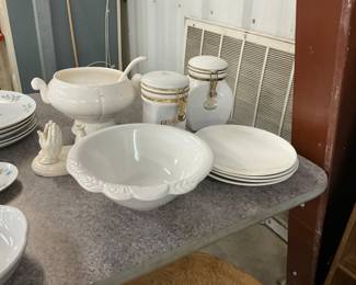 White Ceramic  Serving Pieces - Royal Ironstone Soup Tureen & Ladle - Praying Hands Candle Stick Holder - Gevalia  Coffee Canister - Victor Enwall Canister - Holland Mold Plates