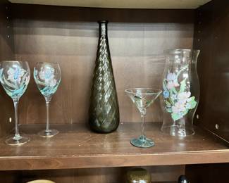 Hand Painted Wine Goblets - Italian Empoli Glass Genie Bottle Decanter - Hand Painted Martini Glass - Hurricane Chimney Candle Shade