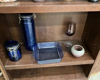 Cobalt Blue Glass Swing Top Bottles/Canisters - Blue Pyrex Baking Dish - Purple Wine Glass - White to Purple Ceramic Bowl