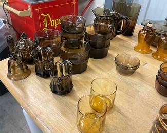 Assirted Brown "Smokey" Glass -  Pitcher * Tall Drinking Glasses * Bowls  - Creamers & Covered Sugar Bowl * Diner Bell