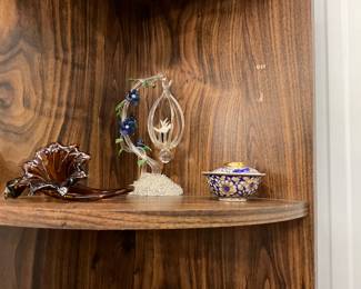 Blown Glass Flower  - Spun Glass Bird in Cage - Japanese Teacup w/Lid