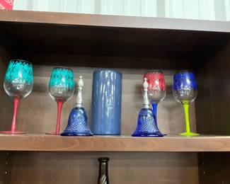 Pier 1 Glass Wine Goblets - Avon Cobalt Blue Bell Shaped Cologne Bottles - Blue Ceramic Vase