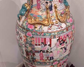 Chinese Porcelain Familie Rose Vase with walnut base