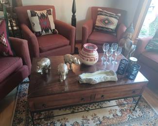 LG. BRASS ELEPHANTS...OPEN TOP TRUNK TABLE WITH SIDE PULL OUT DRAWES..IRON LEGS