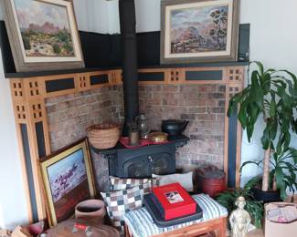ANTIQUE  COPPER WASH BOILER WITH TOP...NOT DENTED! ANTIQUE BRASS LOG BUCKET...STOVE NOT FOR SALE