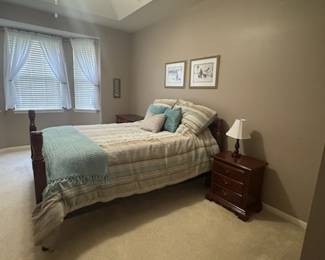 Queen Bed, side tables, lamp, bedding, linens... all sold separately. (bed includes frame, four poster headboard and footboard, box spring and mattress. Barely used, this was in the spare bedroom all of it's life. Moved upstairs to the master bedroom for display and easy loading for the new owner.