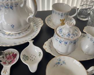 Royal Albert China in the "Memory Lane" pattern (blue flower). A select few pieces available.