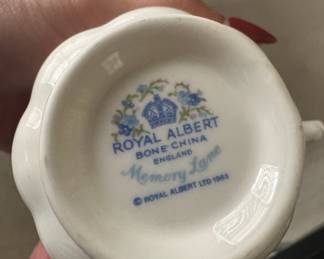 Branding mark for the blue-flowered Royal Albert "Memory Lane" pattern - we have a few pieces of this available