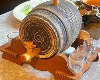 Uhl Pottery - Ceramic Whiskey Barrel & Glasses 