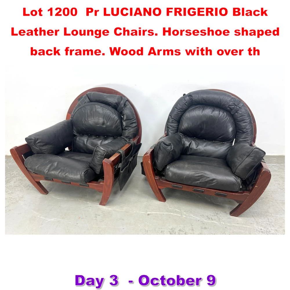 Lot 1200 Pr LUCIANO FRIGERIO Black Leather Lounge Chairs. Horseshoe shaped back frame. Wood Arms with over th