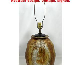Lot 1313 Studiomade Pottery Table Lamp. Abstract design. Vintage. signed. 