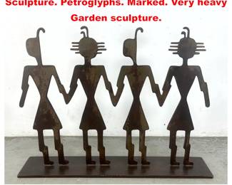 Lot 1671 DOUG WEIGEL Figural Metal Sculpture. Petroglyphs. Marked. Very heavy Garden sculpture. 