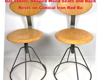 Lot 1383 Pr ARY Stalmobler Swedish Modern Bar Stools. Shaped Wood Seats and Back Rests on Conical Iron Rod Ba