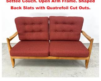 Lot 1612 GUILLERME et CHAMBRON Oak Settee Couch. Open Arm Frame. Shaped Back Slats with Quatrefoil Cut Outs. 
