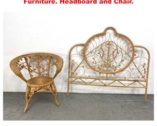 Lot 1743 2pcs Fancy Wicker Rattan Furniture. Headboard and Chair. 