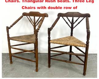 Lot 1559 Pr Continental Triangular Corner Chairs. Triangular Rush Seats. Three Leg Chairs with double row of 