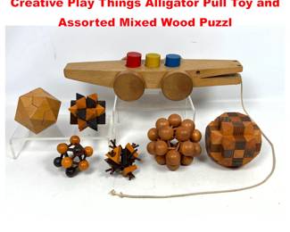 Lot 1429 7pcs Wood Objects. 60s Vintage Creative Play Things Alligator Pull Toy and Assorted Mixed Wood Puzzl