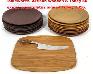 Lot 1517 Mid Century Modern wood Tablewares. Artisan wooden S Tobey 56 exotic wood plates signed Tobey 1956. 