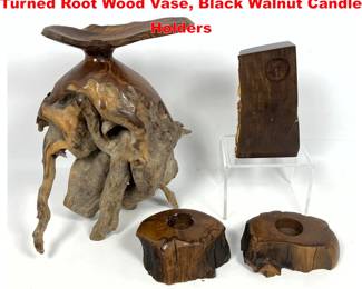 Lot 1489 4pcs Studio Wood. Wood Artisan Turned Root Wood Vase, Black Walnut Candle Holders