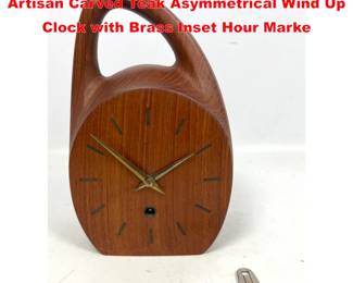 Lot 1523 60s Danish Modern Denmark Artisan Carved Teak Asymmetrical Wind Up Clock with Brass Inset Hour Marke