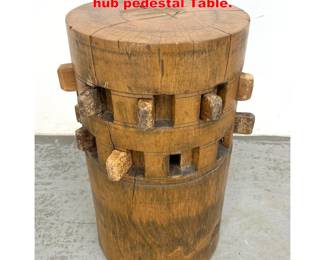 Lot 1507 Repurposed Rustic wooden wheel hub pedestal Table. 
