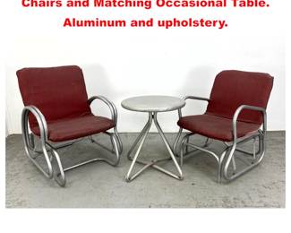Lot 1654 3pc lot 2 Machine Age Gliding Arm Chairs and Matching Occasional Table. Aluminum and upholstery.