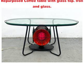 Lot 1308 4 Way Railroad Lantern Repurposed Coffee table with glass top. Iron and glass. 