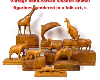 Lot 1600 9pc Folk Art Animal carvings. Vintage handcarved wooden animal figurines, rendered in a folk art, s