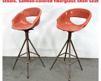Lot 1747 pair of midcentury modern bar stools. salmoncolored fiberglass shell seat 